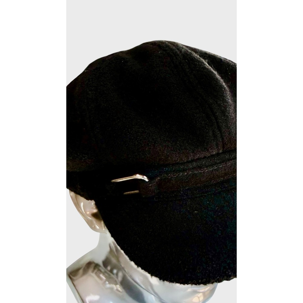 Nine West Womens Black Wool Blend Newsboy Cabbie Hat Silver Buckle Accent